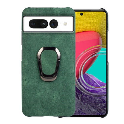 Dark green PU phone case with metal ring holder, front camera cutouts and raised border