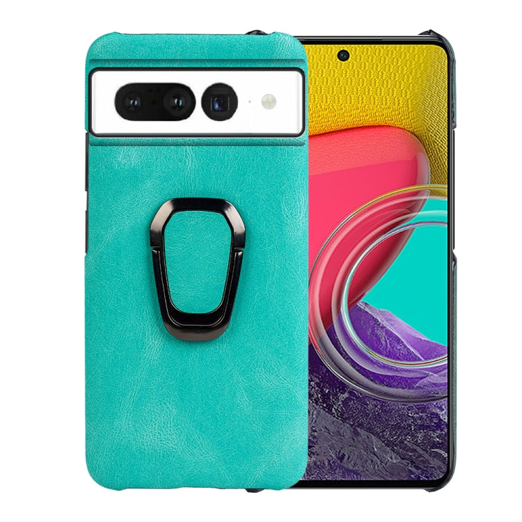 Cyan PU phone case with metal ring holder, front camera cutouts and protective lip