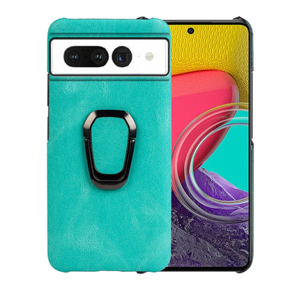 Cyan PU phone case with metal ring holder, front camera cutouts and protective lip