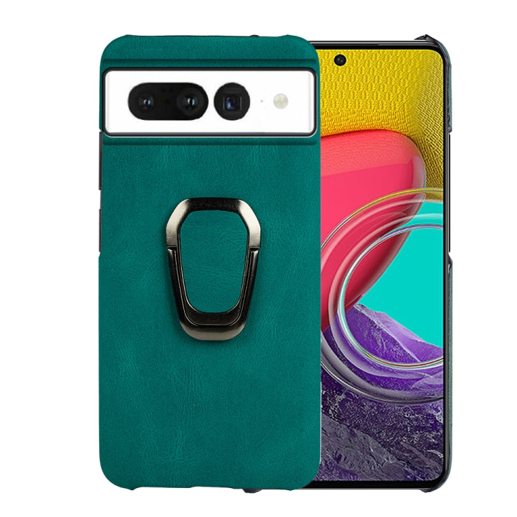 Dark teal PU phone case with metal ring holder, front view with camera opening