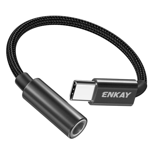 Nylon braided USB-C to 3.5mm audio adapter cable with black connectors and ENKAY logo