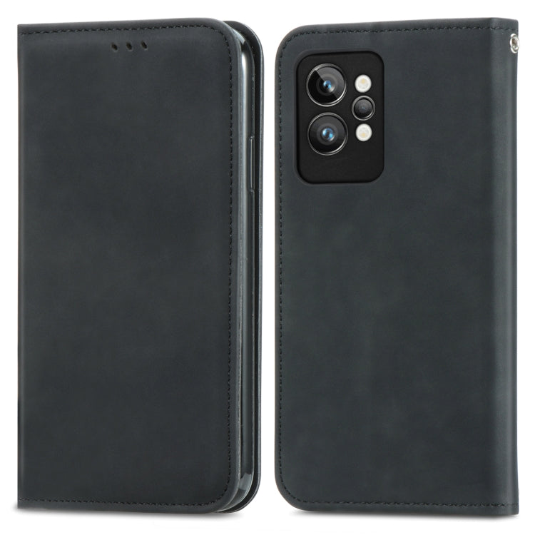 Magnetic leather phone wallet case, black, front and back views with camera cutouts