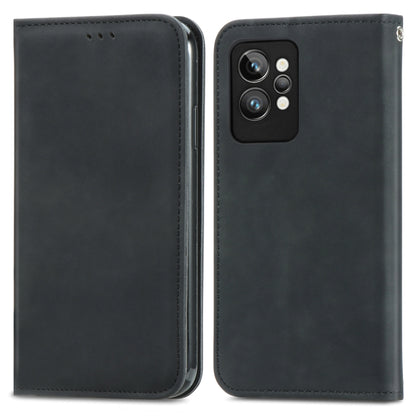 Magnetic leather phone wallet case, black, front and back views with camera cutouts
