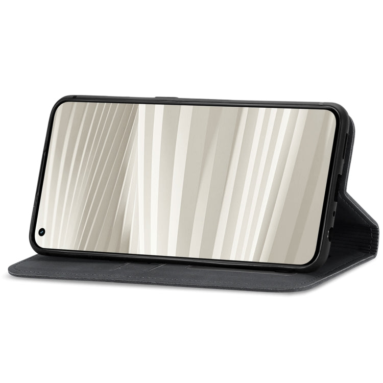 Magnetic leather phone wallet case, gray, kickstand viewing angle with front cover open