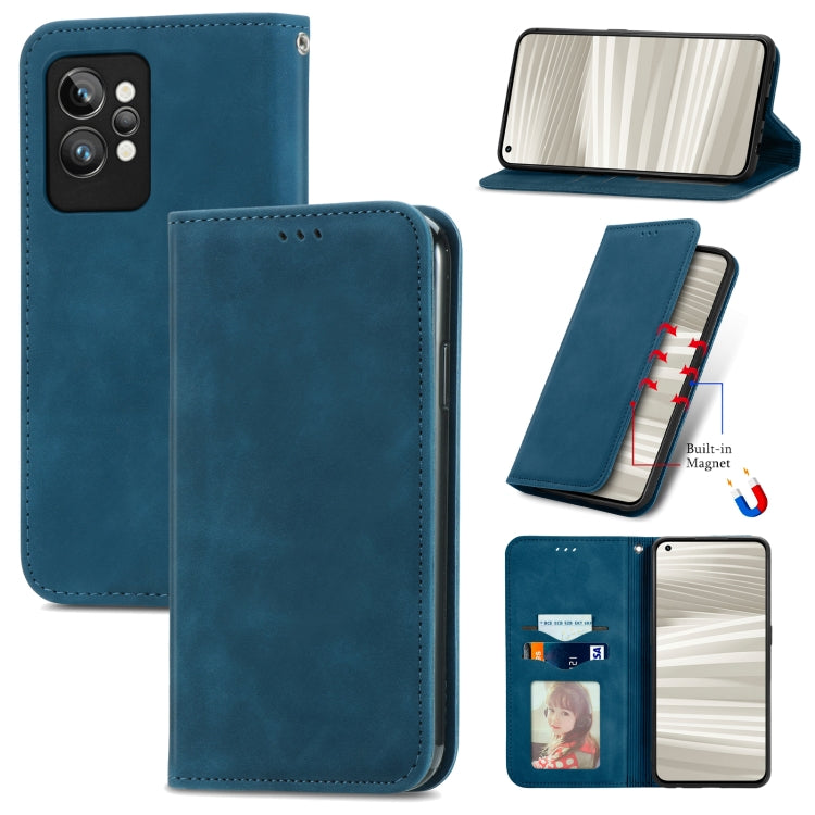 Magnetic leather phone wallet case, blue, front and back views with camera cutouts