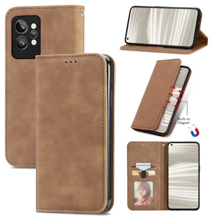 Magnetic leather phone wallet case, brown, front and back views with camera cutouts