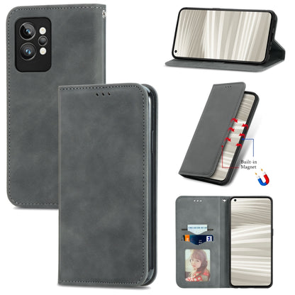 Magnetic leather phone wallet case, dark gray, front and back views with camera cutouts
