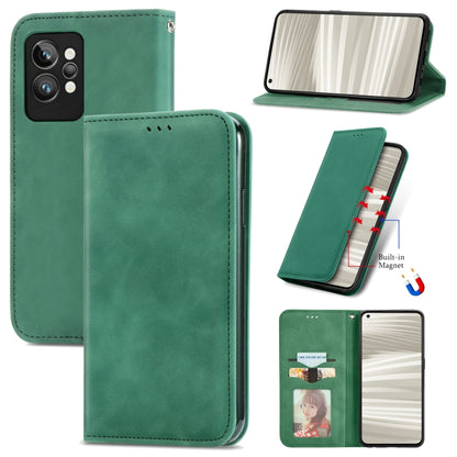 Magnetic leather phone wallet case, green, front and back views with camera cutouts