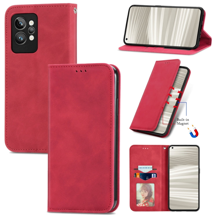 Magnetic leather phone wallet case, red, front and back views with camera cutouts