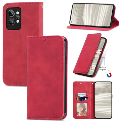 Magnetic leather phone wallet case, red, front and back views with camera cutouts
