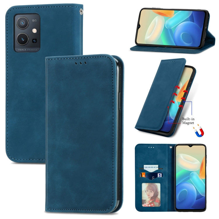 Blue magnetic leather folio phone case with side stand and front card slot window