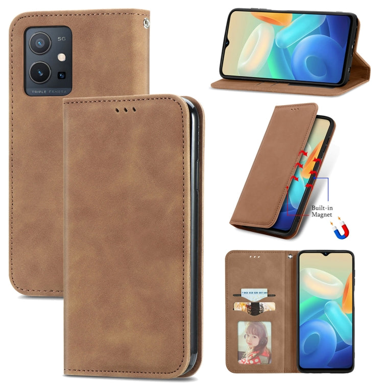 Brown magnetic leather folio phone case with side stand and front card slot window