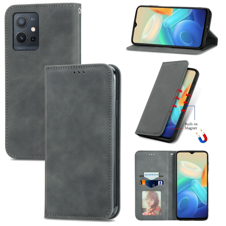 Gray magnetic leather folio phone case with side stand and front card slot window