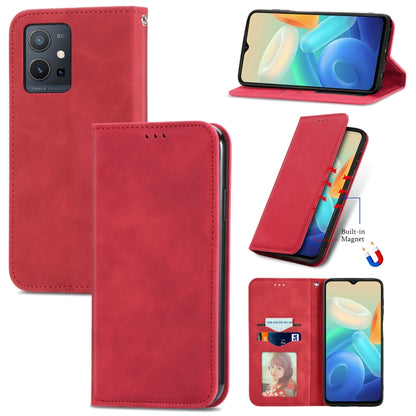 Red magnetic leather folio phone case with side stand and front card slot window