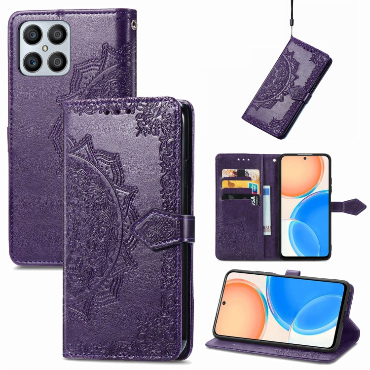 Mandala Flower Embossed Horizontal Flip Leather Phone Case, For Honor X8