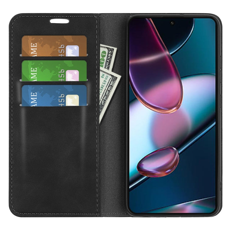 Black leather folio case open with card slots and front cover over a phone
