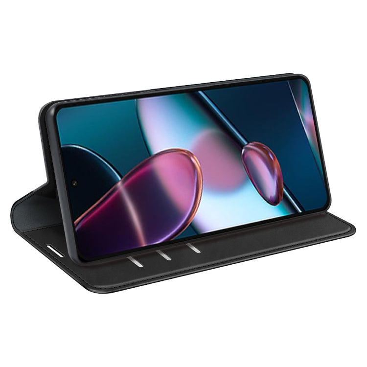 Black leather folio phone case with stand view, open for viewing the screen