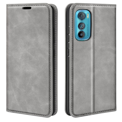 Grey leather folio phone case with magnetic closure and camera cutout