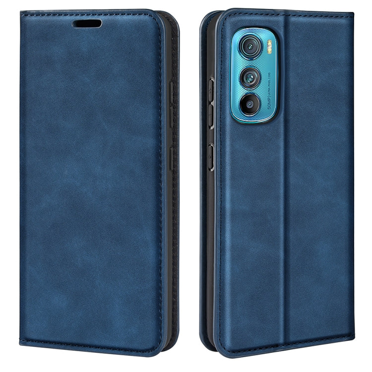 Dark blue leather folio phone case with magnetic closure and camera cutout