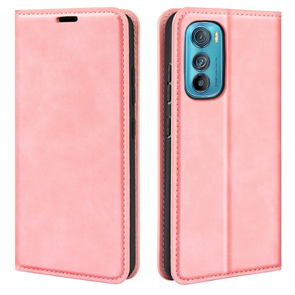 Pink leather folio phone case with magnetic closure and camera cutout