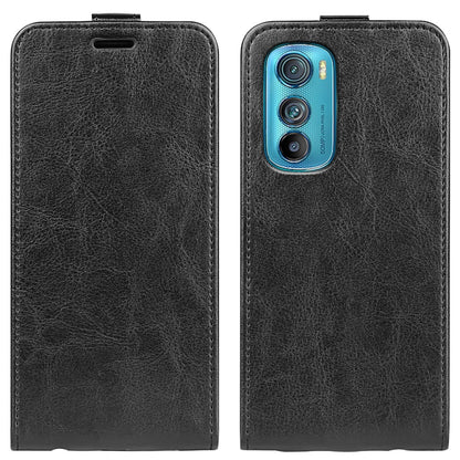 Black textured leather flip phone case with cutout for camera and speaker.
