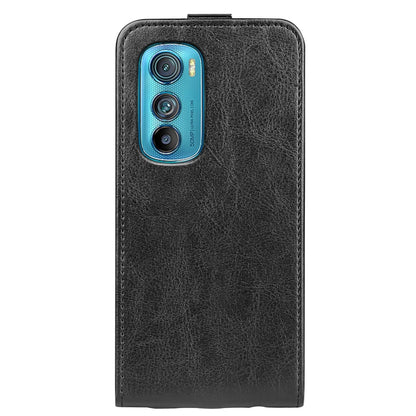 Black textured leather flip phone case with camera cutout on the back panel.