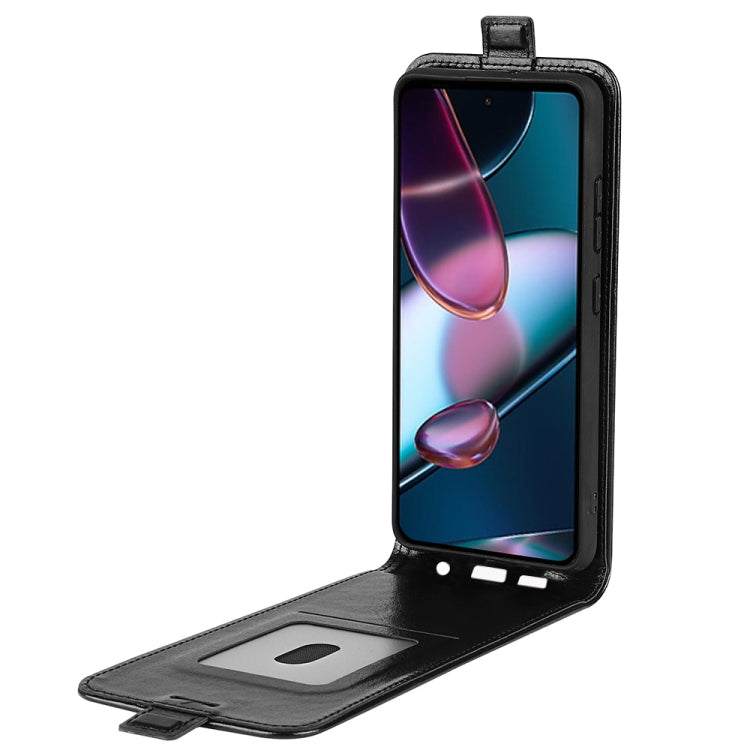 Black textured leather flip phone case open view with front cover and card slot.