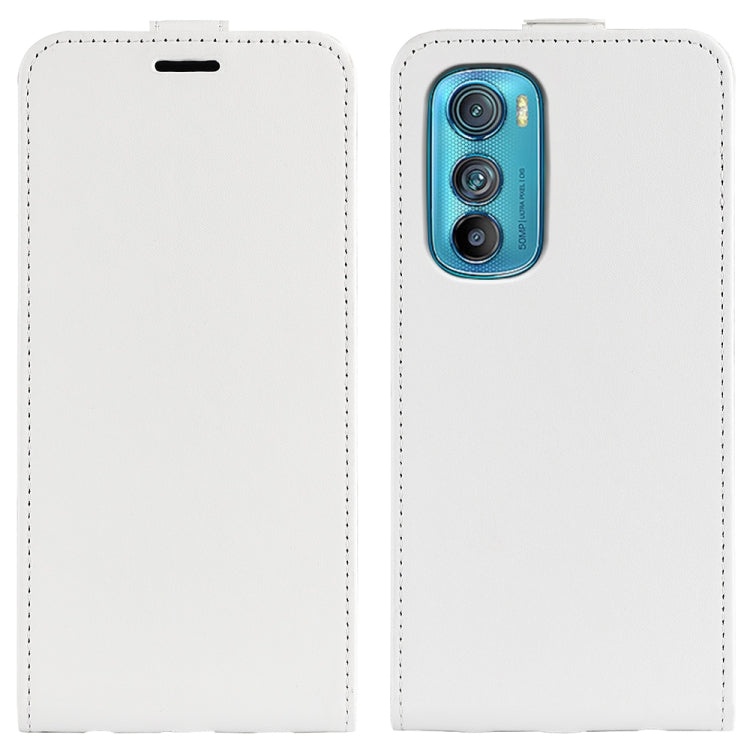 White textured leather flip phone case with camera cutout on the back panel.