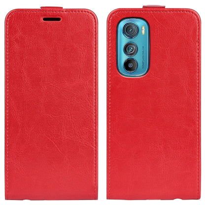 Red textured leather flip phone case with camera cutout and stitched edges.