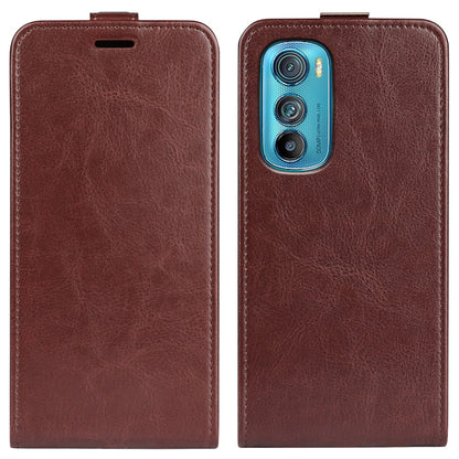 Brown textured leather flip phone case with camera cutout on the back panel.