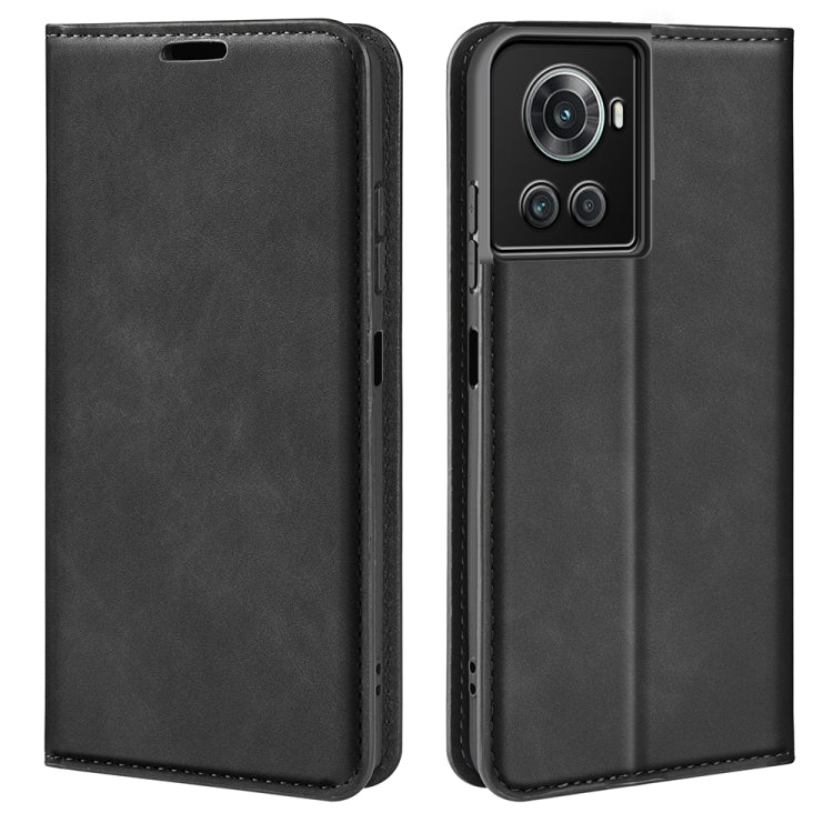 Black leather-style magnetic wallet phone case with stitched edges, cutouts, and camera opening.