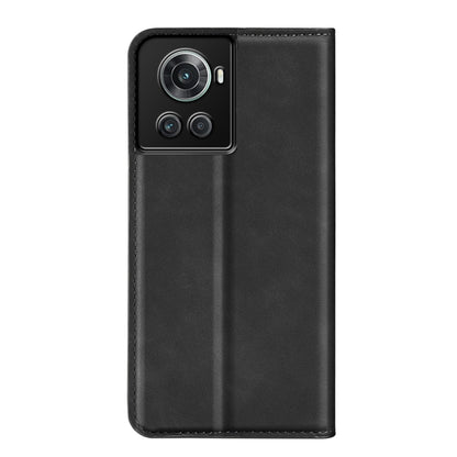 Black leather-style magnetic wallet phone case with camera cutout and stitched frame.