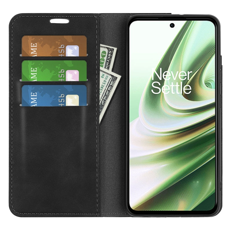 Black magnetic wallet phone case with card slots and stand opening; phone screen visible.