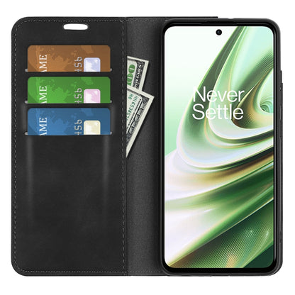 Black magnetic wallet phone case with card slots and stand opening; phone screen visible.