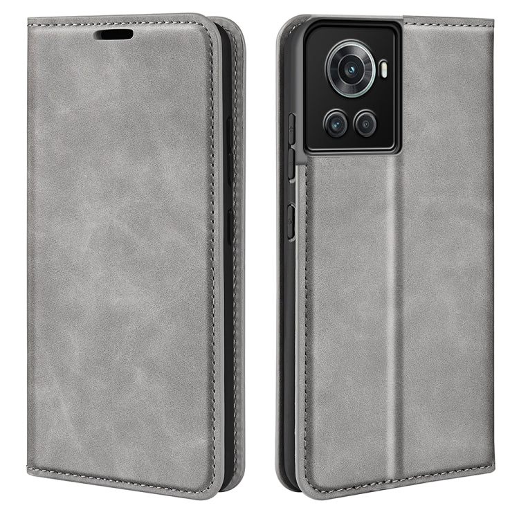 Gray leather-style magnetic wallet phone case with stitched edges and camera cutout.