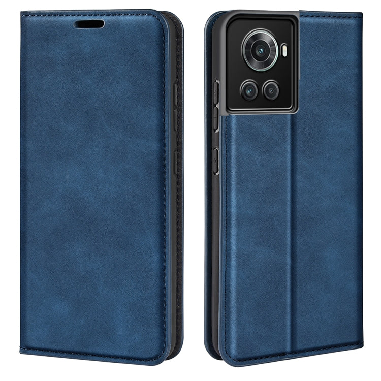 Dark blue leather-style magnetic wallet phone case with stitched edges and camera opening.