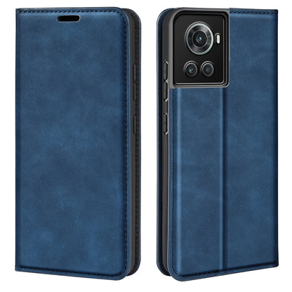 Dark blue leather-style magnetic wallet phone case with stitched edges and camera opening.