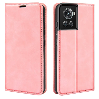 Pink leather-style magnetic wallet phone case with stitched border and camera cutout.