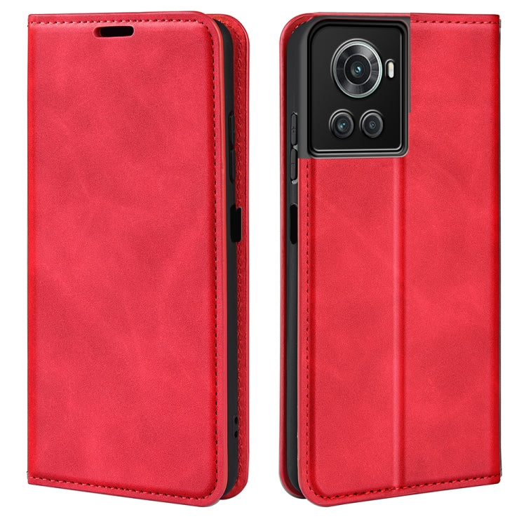 Red leather-style magnetic wallet phone case with stitched edges and camera opening.