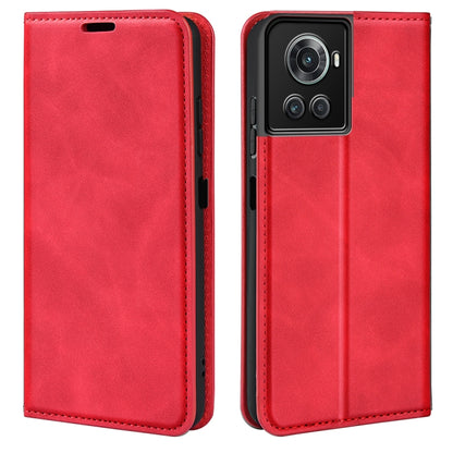 Red leather-style magnetic wallet phone case with stitched edges and camera opening.