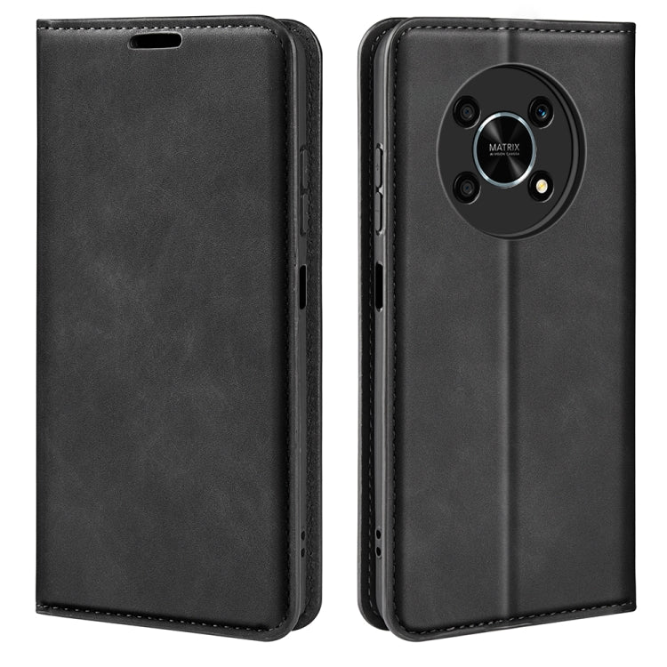 Black leather magnetic phone case with flip cover and cutouts