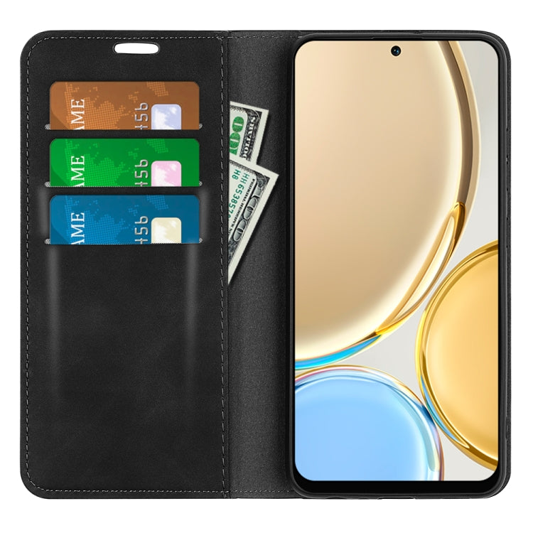 Black leather flip phone case with card slots and visible phone screen