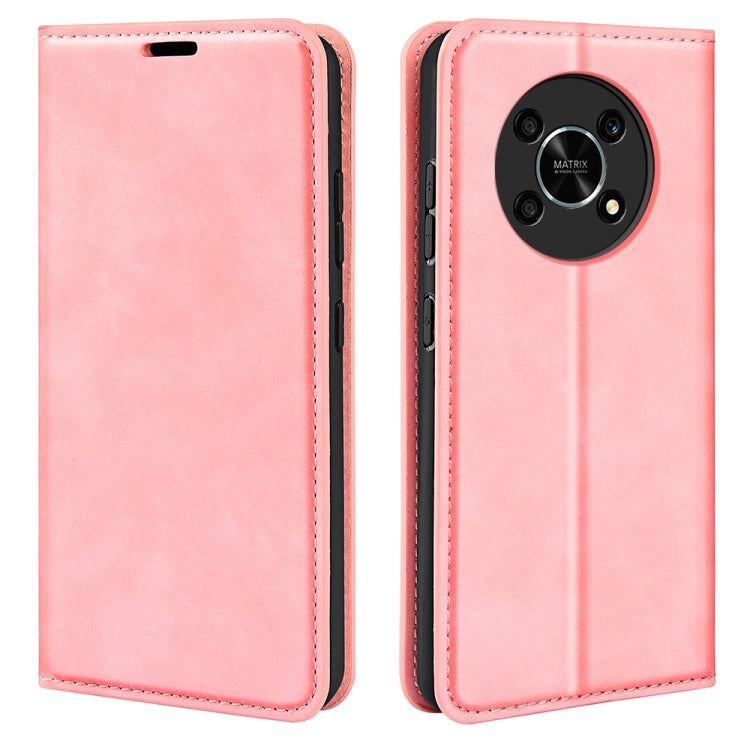 Pink leather magnetic phone case with flip cover and camera cutout