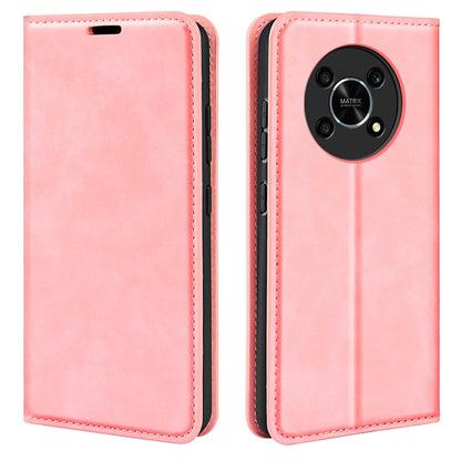 Pink leather magnetic phone case with flip cover and camera cutout