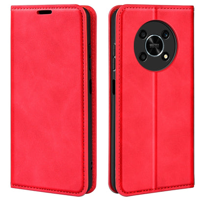 Red leather magnetic phone case with flip cover and back camera opening