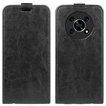 Black vertical flip leather phone case with textured finish and camera cutout