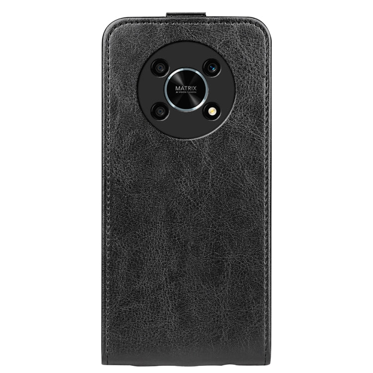 Black vertical flip leather phone case with textured finish and rear camera opening