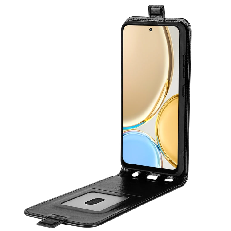 Black vertical flip phone case open view with screen cover and card slots