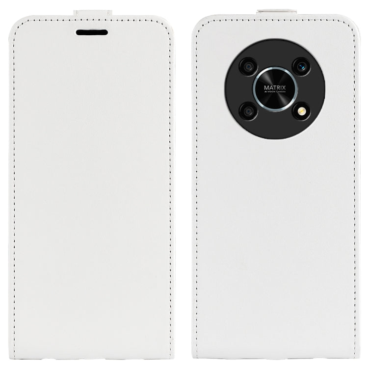 White vertical flip leather phone case with textured finish and camera cutout