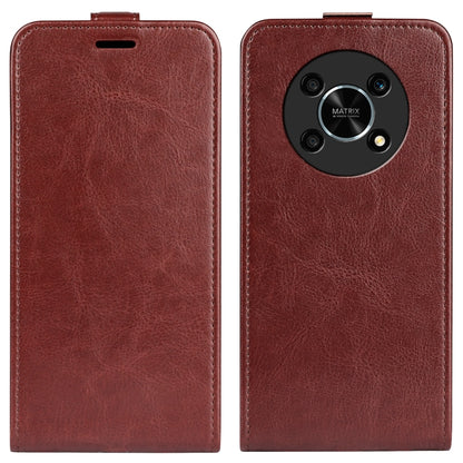Brown vertical flip leather phone case with textured finish and rear camera cutout